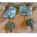 Hand Forged Verdigris Patina Brass Textured Tealeaf Small Domed Square Earrings With Green Tourmalines
