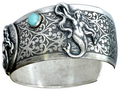 Antique Silver Mythical Mermaids Cuff Bracelet with Jade and Amazonite