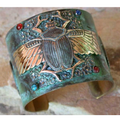 Men's Verdigris Patina Solid Brass Egyptian Scarab Wide Cuff | Elaine Coyne Jewelry |  ECMEGP292CF