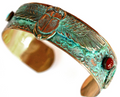 Men's Verdigris Patina Solid Brass Egyptian Motif Winged Scarabs Regular Cuff  | Elaine Coyne Jewelry |  ECMEGP2403BC