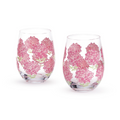 Set of 4 Hand Painted Pink Hydrangea Handblown Stemless Wine Glasses | TC54658