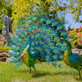 Large Colorful Painted Peacock With Crystal Detail Iron Garden Statue Set of 2 | ZLIZR170694-SET