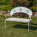 Antique Inspired White Iron Garden Bench with Blue Flower Accents | ZLIZR030007-AW
