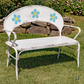 Antique Inspired White Iron Garden Bench with Blue Flower Accents | ZLIZR030007-AW