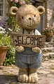 26" Tall Vintage-Style Boy Teddy Bear Garden Figurine Holding Welcome Sign | ZLIZR118329