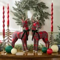 Set of 2 Holiday Tartan Deer with Velvet Bow and Glitter Accents | TC82902