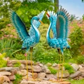 Set of 2 Stylized Metallic Blue-Green Crane Garden Figurines | ZLIZR217098-SET