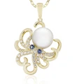 Freshwater Pearl 14K Octopus Diamond and Sapphire Pendant | Nature Jewelry | HTSOP-36106