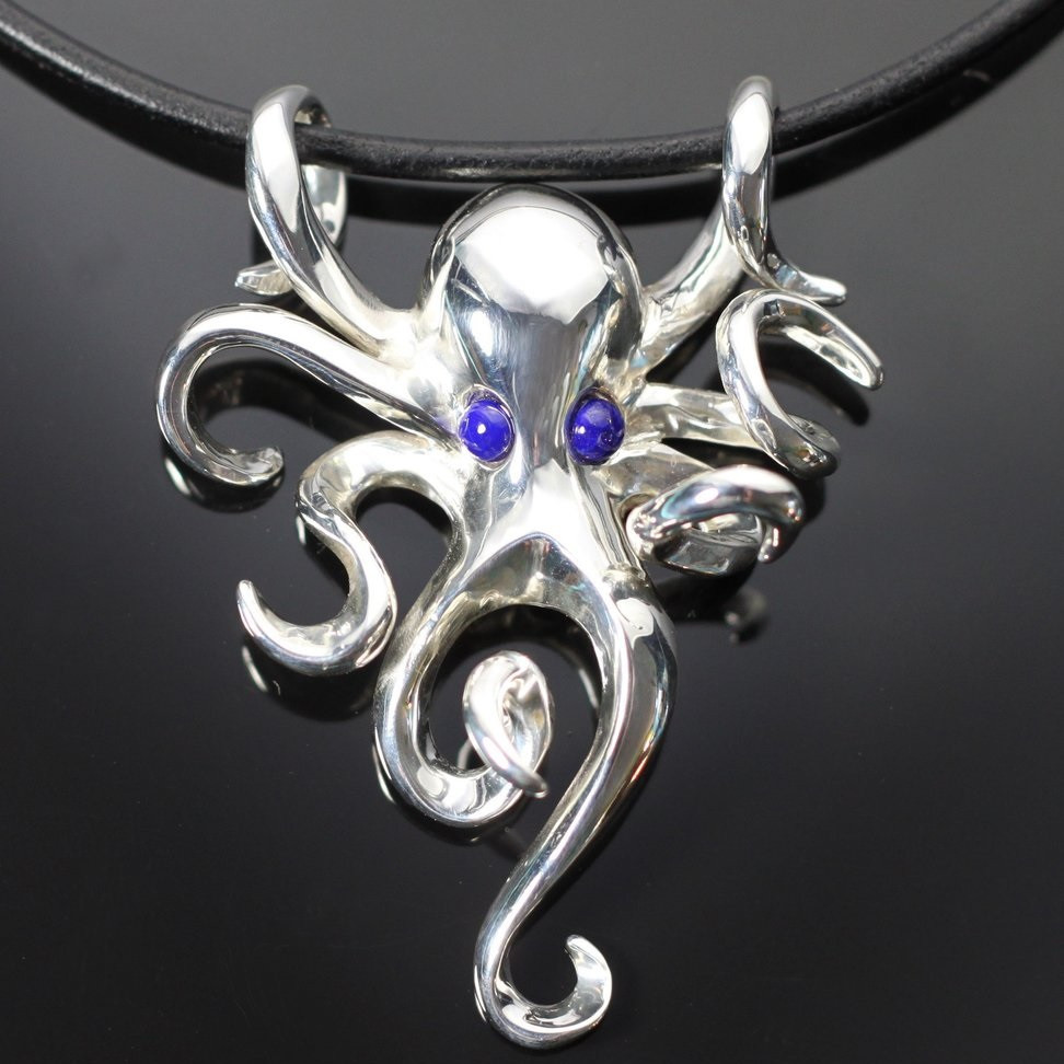 Octopus Silver Pendant on Cord | Blue Lapiz Eyes | Silver | Anisa