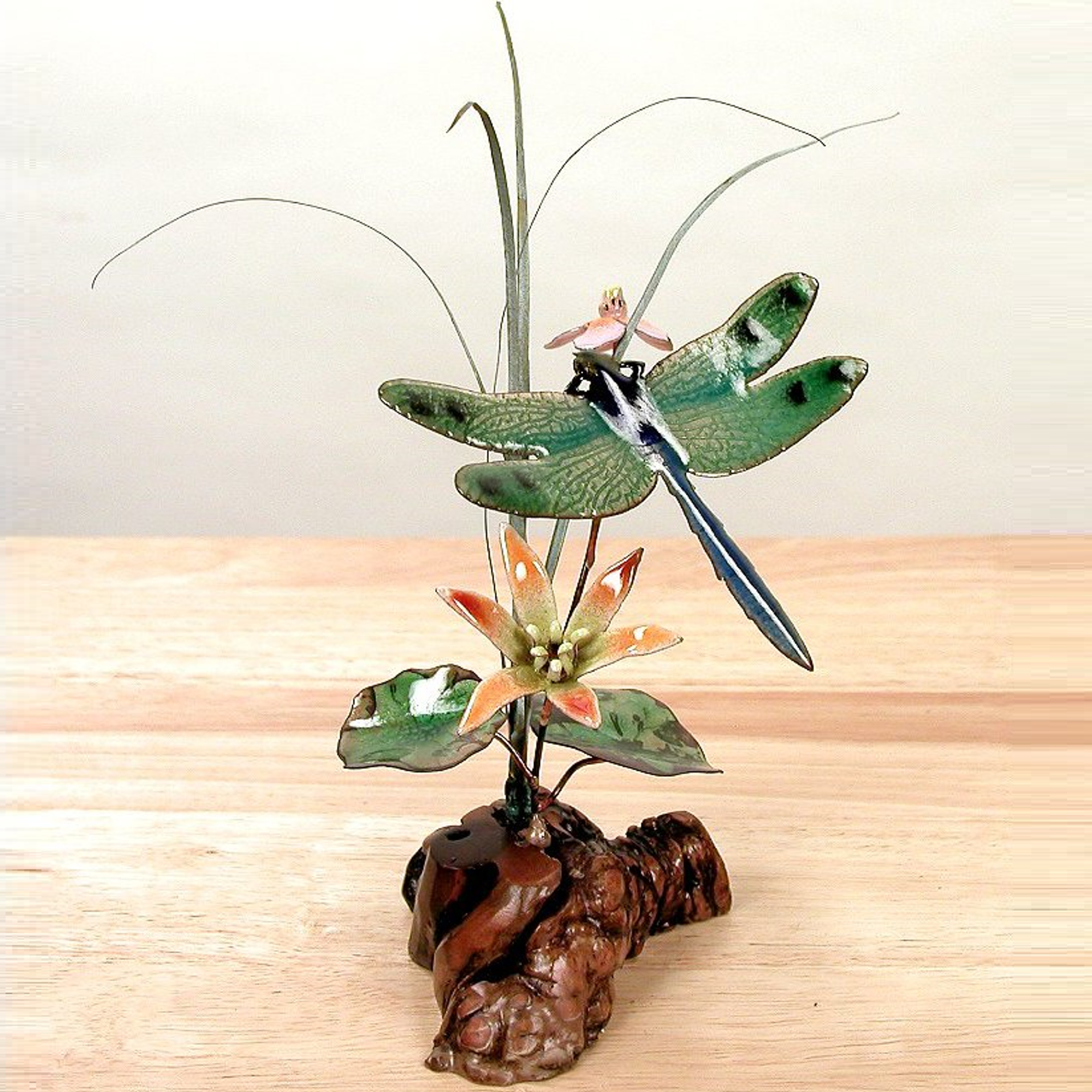 Green Winged Dragonfly w/ Flower Wall Art Sculpture by Bovano of Cheshire W7614 
