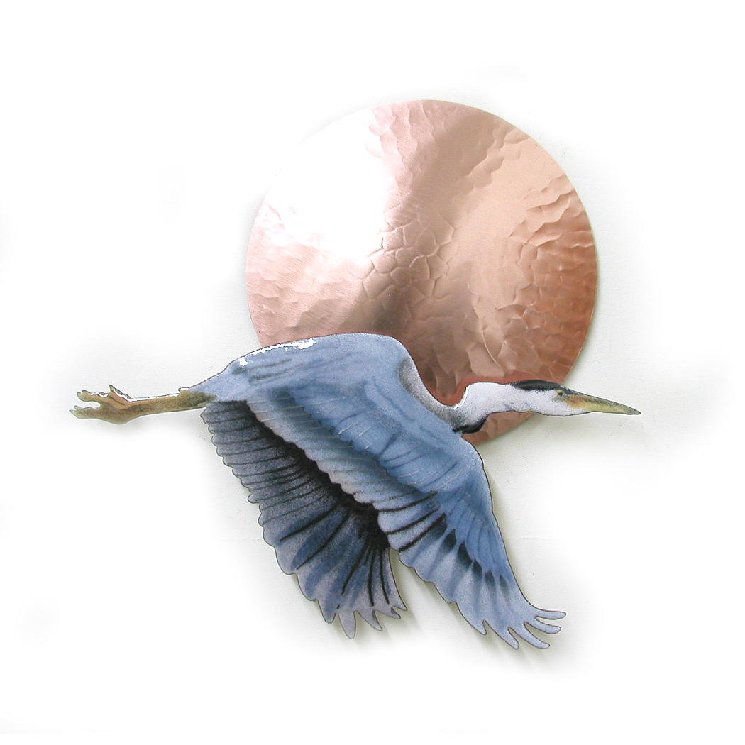 Small Flying Heron With Large Copper Sun Enameled Wall Art Bovano Of Cheshire Blue Heron Wall Sculpture