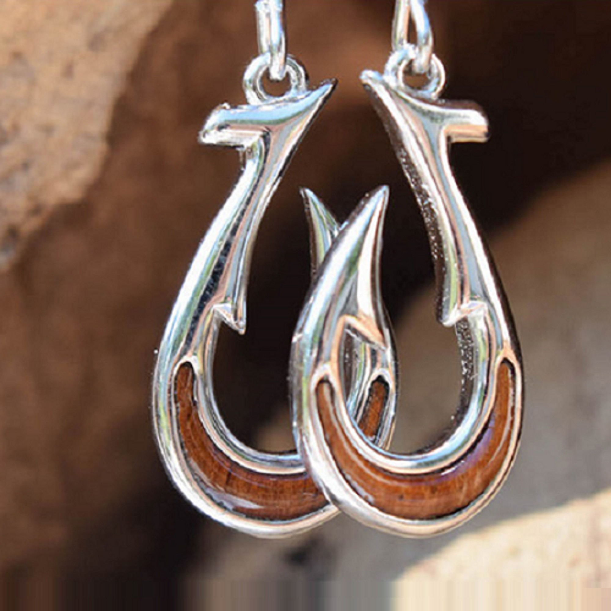 Fish Hook Sterling Silver and Koa Wood Earrings | Nature Jewelry
