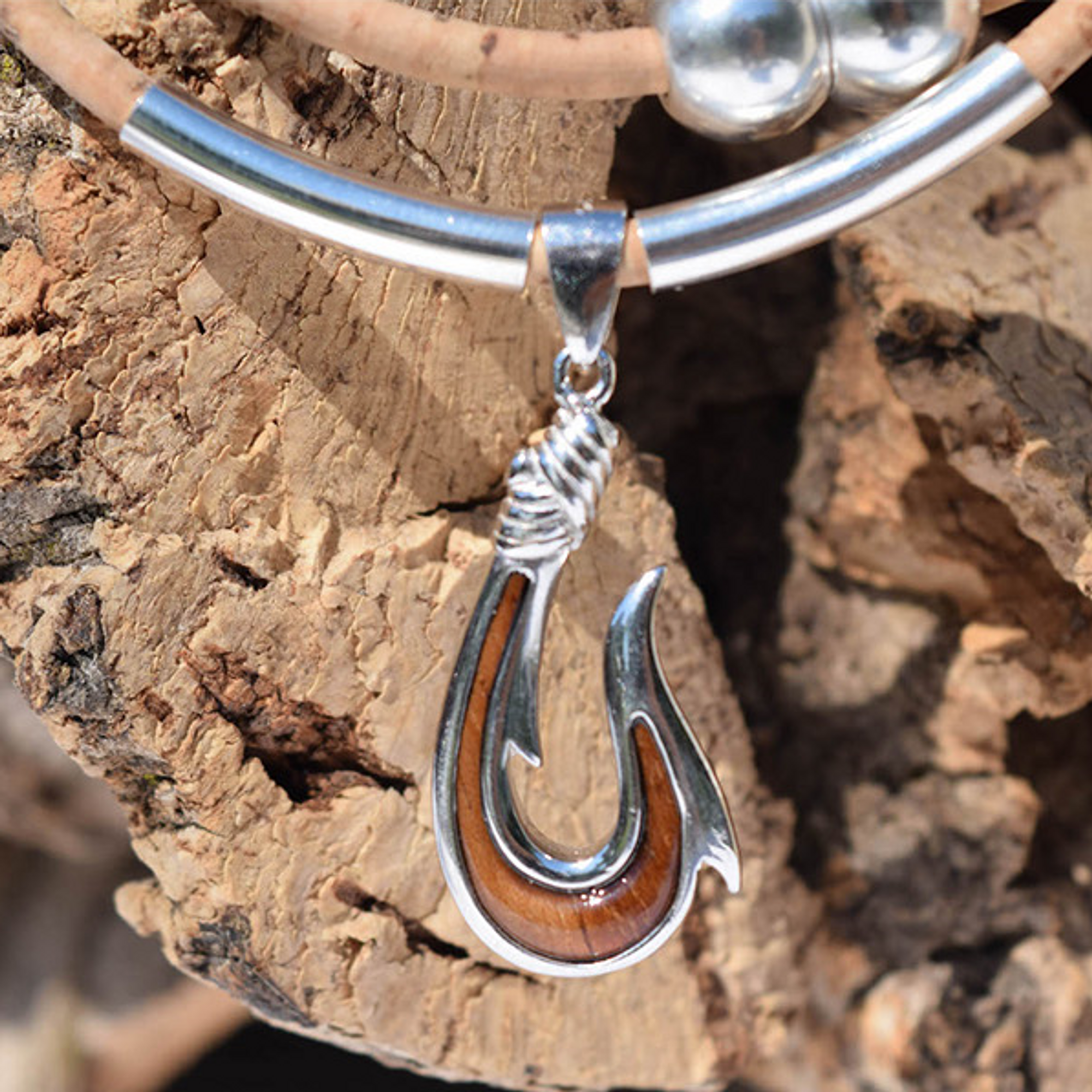 Fishhook Sterling Silver and Koa Wood Cork Necklace | Nature Jewelry