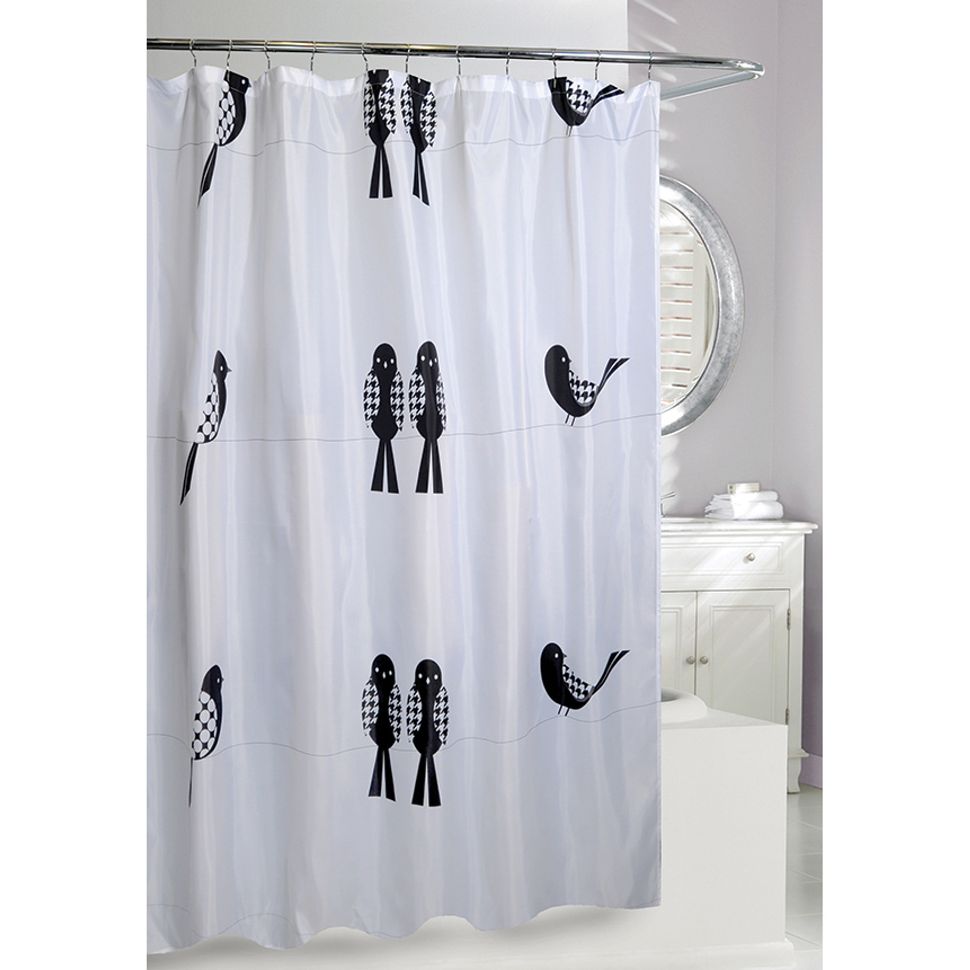 black fabric shower curtain
