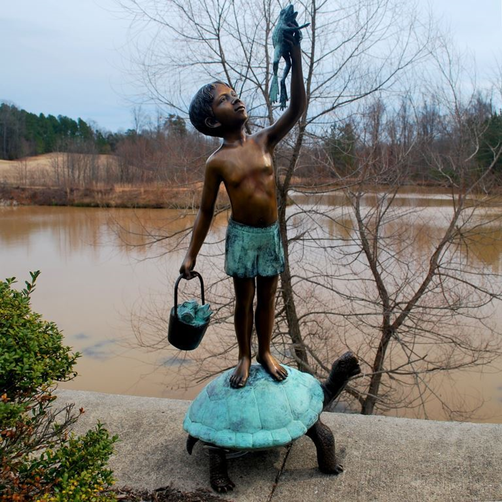 Boy on Turtle with Frog Bronze Fountain Statue