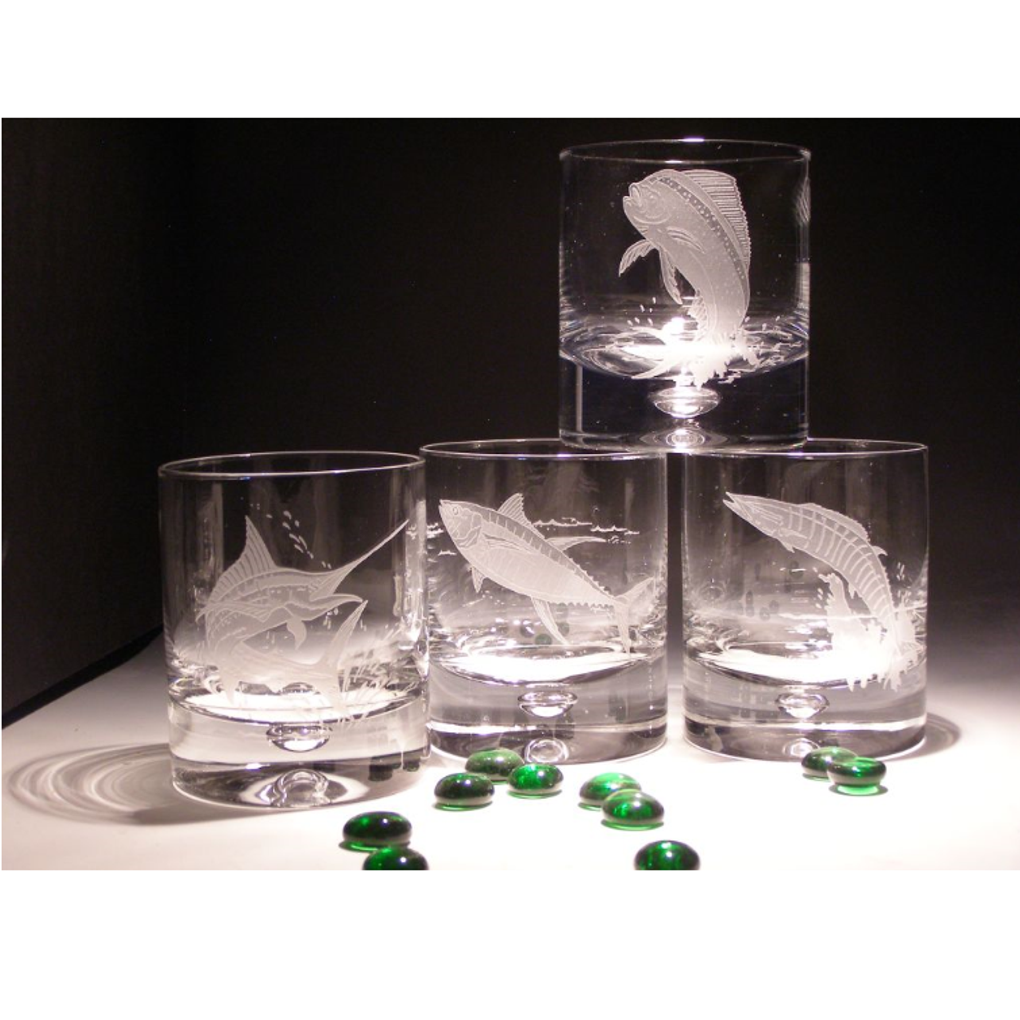 Fish Etched Crystal 11 oz DOF Glass Set of 4
