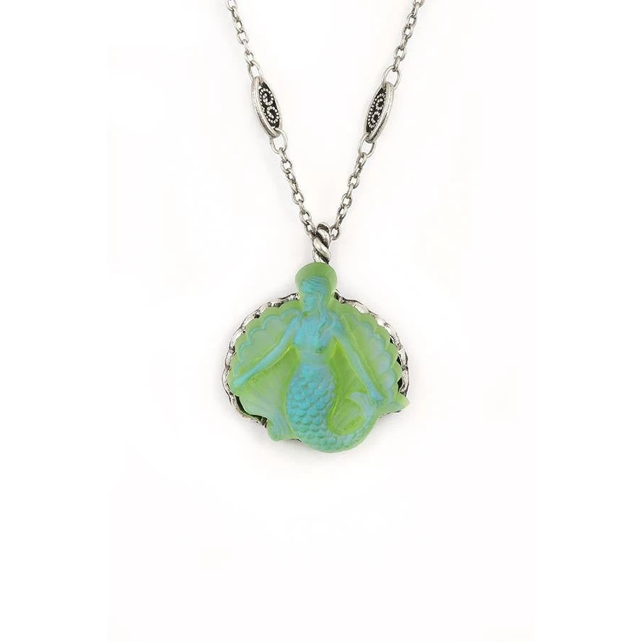 Sea Foam Green German Etched Glass Mermaid Pendant Necklace | Nature Jewelry