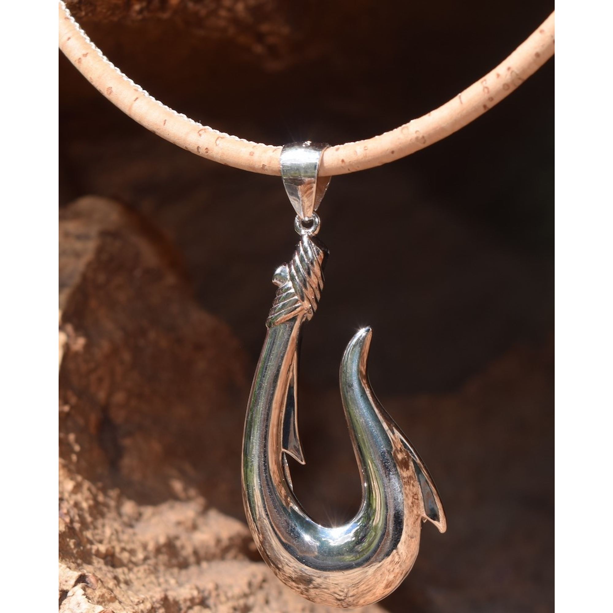 Sterling Silver Fishhook and Cork Necklace | Nature Jewelry