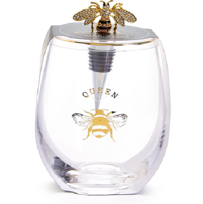 Queen Bee Stemless Wine Glass with Jeweled Bee Wine Stopper Set - Thumbnail 4