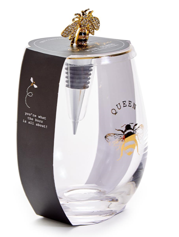 Queen Bee Stemless Wine Glass with Jeweled Bee Wine Stopper Set - Thumbnail 3