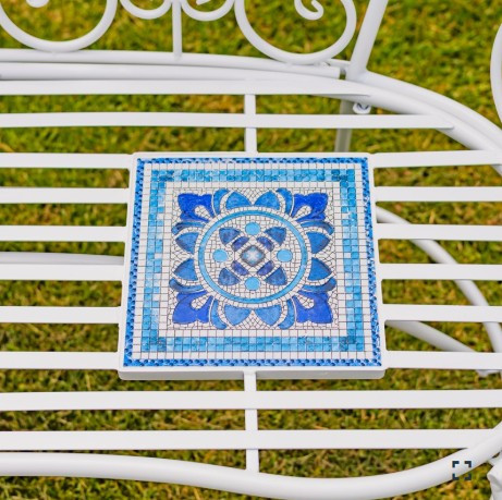 Zaer Ltd. Mosaic Tile Bistro Set - 1 Table & 2 Chairs, Barcelona Black Frame, Iron & Ceramic