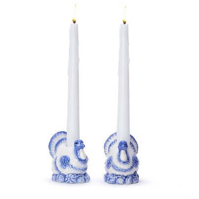 Pair of Hand Painted Blue and White Turkey Candleholders