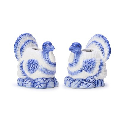 Pair of Hand Painted Blue and White Turkey Candleholders - Thumbnail 2