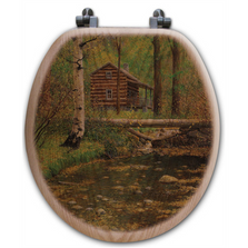 Forest Cabin Oak Wood Round Toilet Seat "Autumn Hideaway" | Wood Graphixs | WGIFCAH-R