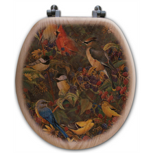 Birds Oak Wood Round Toilet Seat "Berry Bush" | Wood Graphixs | WGIBBB-R