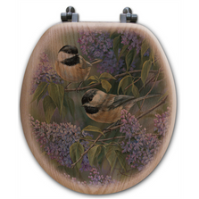 Chickadee and Lilac Oak Wood Round Toilet Seat | Wood Graphixs | WGICAL-R