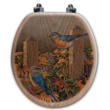 Bluebird Oak Wood Round Toilet Seat "Linda's Bluebirds" | Wood Graphixs | WGIBLB-R
