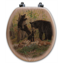 Bear and Cubs Oak Wood Round Toilet Seat "Playtime" | Wood Graphixs | WGIBCP-R