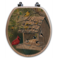 Bird House Oak Wood Round Toilet Seat "Summer Feast" | Wood Graphixs | WGIBHSF-R