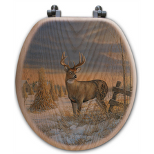 Deer Oak Wood Round Toilet Seat "Whitetail in Winter" | Wood Graphixs | WGIDWTIW-R