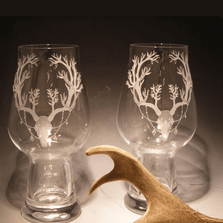 Deer with Branch Antlers Etched Crystal  Beer Glass Set of 2 | 003 | Evergreen Crystal