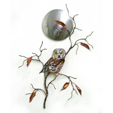 Bovano Saw Whet Owl with Stainless Steel Moon Copper Wall Art | W408