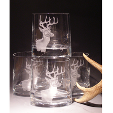 Deer Head Etched Crystal 11 oz DOF Glass Set of 4 | Evergreen Crystal | ECNA-62645a