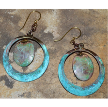Verdigris Patina Hand Forged Brass Textured Tealeaf Circle with Oval Dangle Earrings 