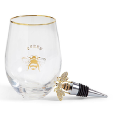 Queen Bee Stemless Wine Glass with Jeweled Bee Wine Stopper Set