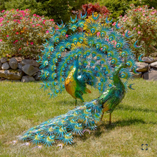 Large Colorful Painted Peacock With Crystal Detail Iron Garden Statue Set of 2 | ZLIZR170694-SET