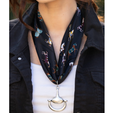 Equine Elegance 100% Silk Scarf in Jet Black with choice of Gold or Silver Metal  Horse-Bit | EKDSREquineEleganceJetBlack