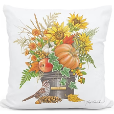 Fall Bucket Bouquet with Bird Indoor Outdoor Pillow | MCMLT2612