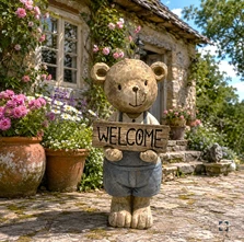 26" Tall Vintage-Style Boy Teddy Bear Garden Figurine Holding Welcome Sign | ZLIZR118329