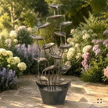 47" Tall Abstract Metal Cascading Leaf-Shaped Bowl Fountain | ZLISK724470