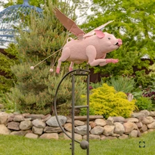 6.5ft. Tall Hand Painted Flying Pink Potbelly Pig Iron Rocking Stake "Pigasus" | ZLIZR206330-PK