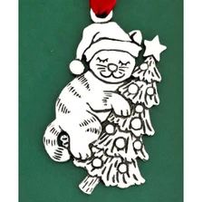 Handmade Boxed Happy Cat on a Tree Pewter Ornament | BSPCO-637