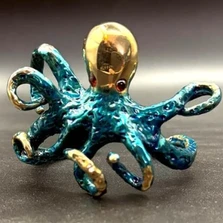 Blue Octopus with Garnet Eyes Bronze Cuff Bracelet | Nature Jewelry | ASJBRB1014-B