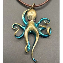 Large Bue Octopus Bronze Pendant Necklace with Garnet Eyes | Nature Jewelry | ASJBRS1023-B