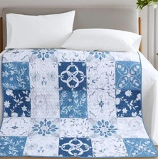 Harmony Blue and White Floral Quilted Throw Blanket | DUKDQT25269
