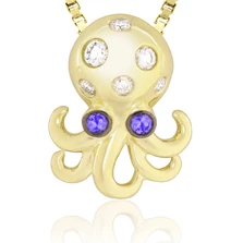 14K Yellow Gold Octopus Diamond and Sapphire Pendant | Nature Jewelry | HTSOP-36078/ DBS